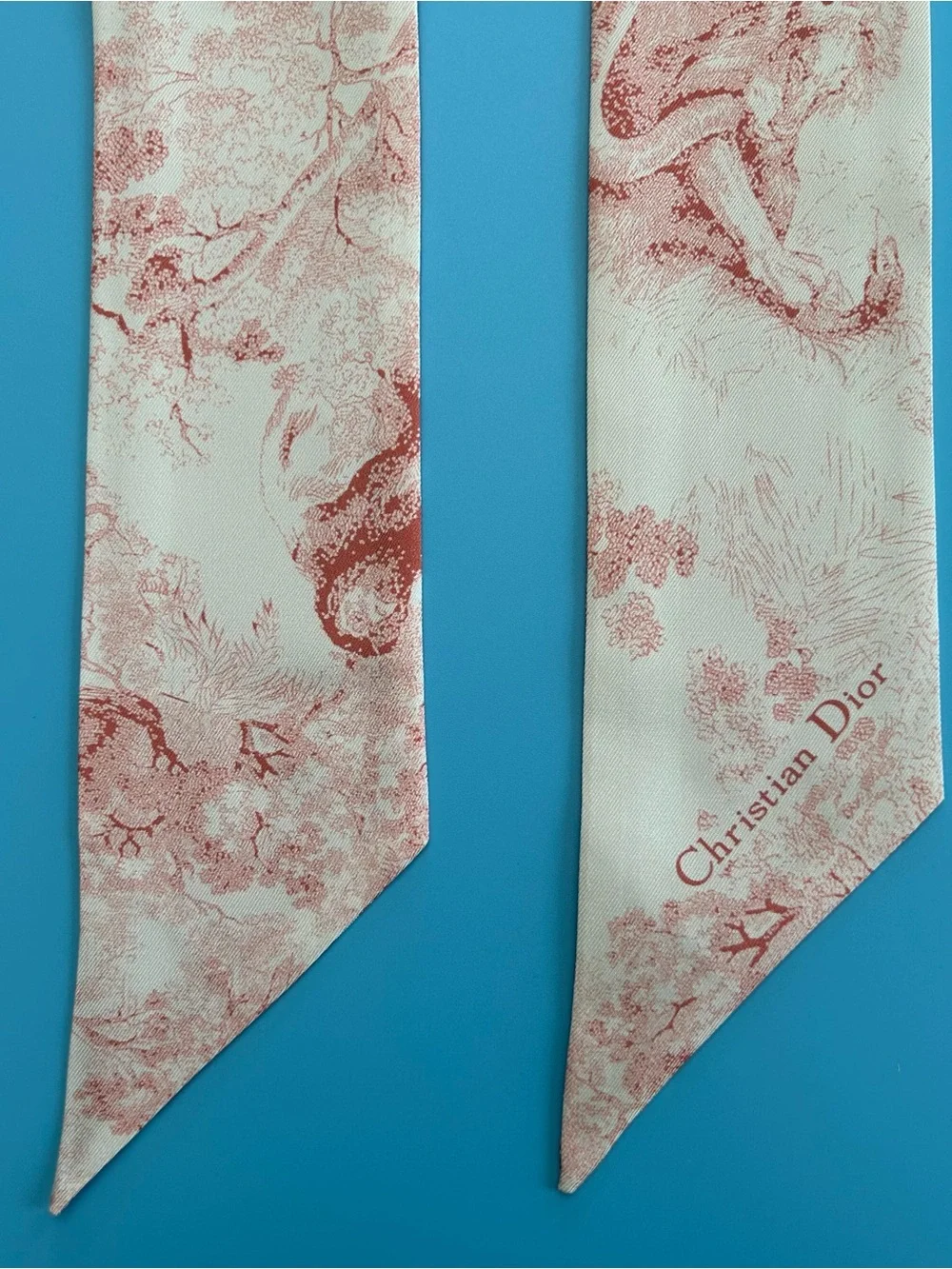 Christian Dior Toile De Jouy Mitzah Silk Twilly Scarf Pink Ivory Logo